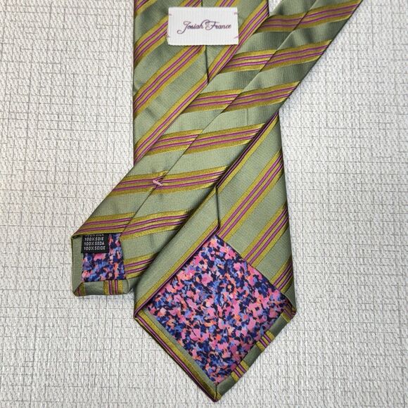 JOSIAH FRANCE Made in Italy Green Pink Striped Elegant Repp Silk TIe - Picture 2 of 4